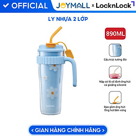 Ly nhựa 2 lớp có tay cầm 890ml LocknLock màu xanh HAP538LBLU, Hàng chính hãng, họa tiết dễ thương, kèm ống hút silicone - JoyMall