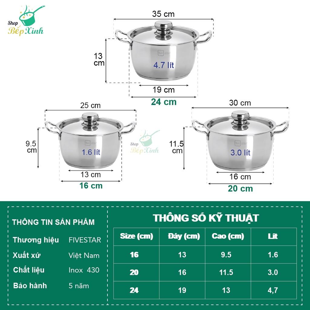 Bộ nồi 3 đáy inox 430 Thân Cool Fivestar Standard FS-B3010 (Kích thước 16cm - 20cm - 24cm) , tặng 1 vá canh