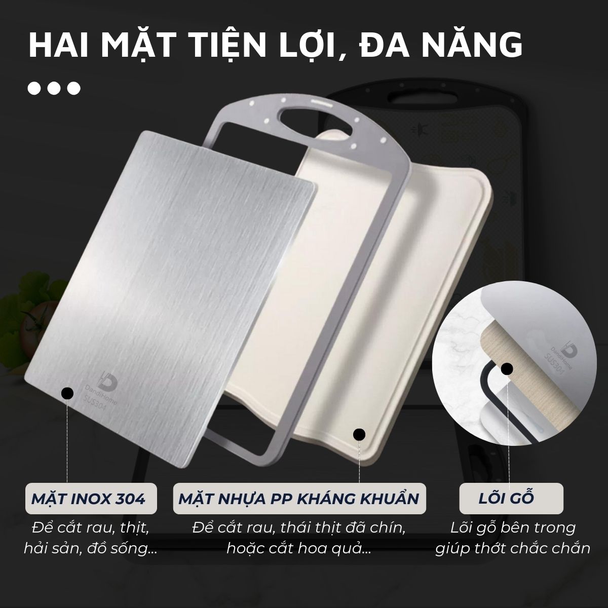 Thớt inox 304 và nhựa kháng khuẩn DandiHome cao cấp hai mặt