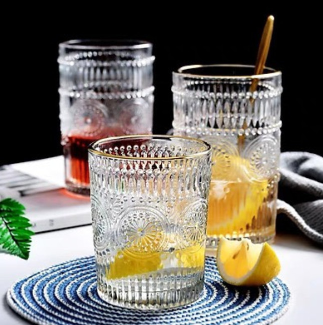 BỘ 6 CỐC THỦY TINH CHỊU NHIỆT CAO CẤP UỐNG NƯỚC HOA VĂN TRỐNG ĐỒNG DẬP NỔI - ANTH674