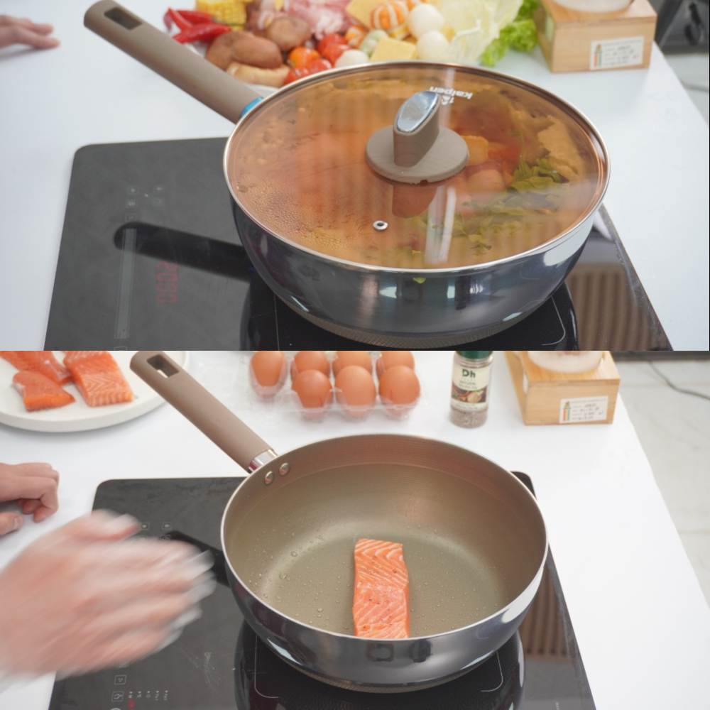 Chảo Inox 316 liền khối 7 lớp phủ chống dính Nano Titanium Shield Kalpen size 20cm,24cm,26cm,28cm đáy từ - Hàng chính hãng