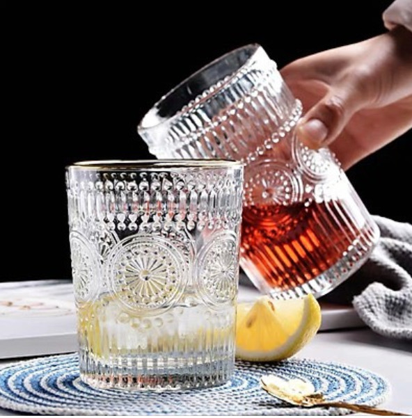 BỘ 6 CỐC THỦY TINH CHỊU NHIỆT CAO CẤP UỐNG NƯỚC HOA VĂN TRỐNG ĐỒNG DẬP NỔI - ANTH674
