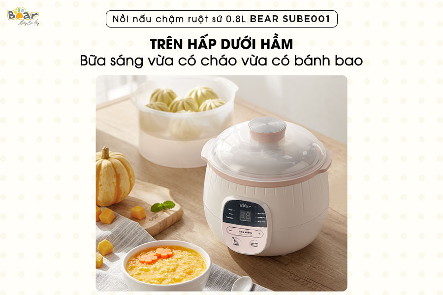 Nồi Ninh, Hấp, Nấu Cháo, Nấu Đồ Ăn Dặm Cho Bé 4 Trong 1 BEAR SUBE001 Có Lồng Hấp Dung Tích 0.8 L Công Suất 200W - Hàng Chính Hãng