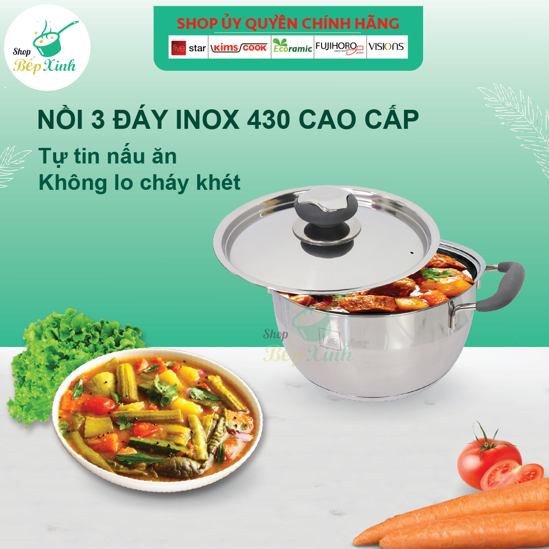 Nồi inox Fivestar Standard 3 đáy Thân Cool quai silicon chống nóng nắp inox (16cm / 20cm / 24cm / 26cm )