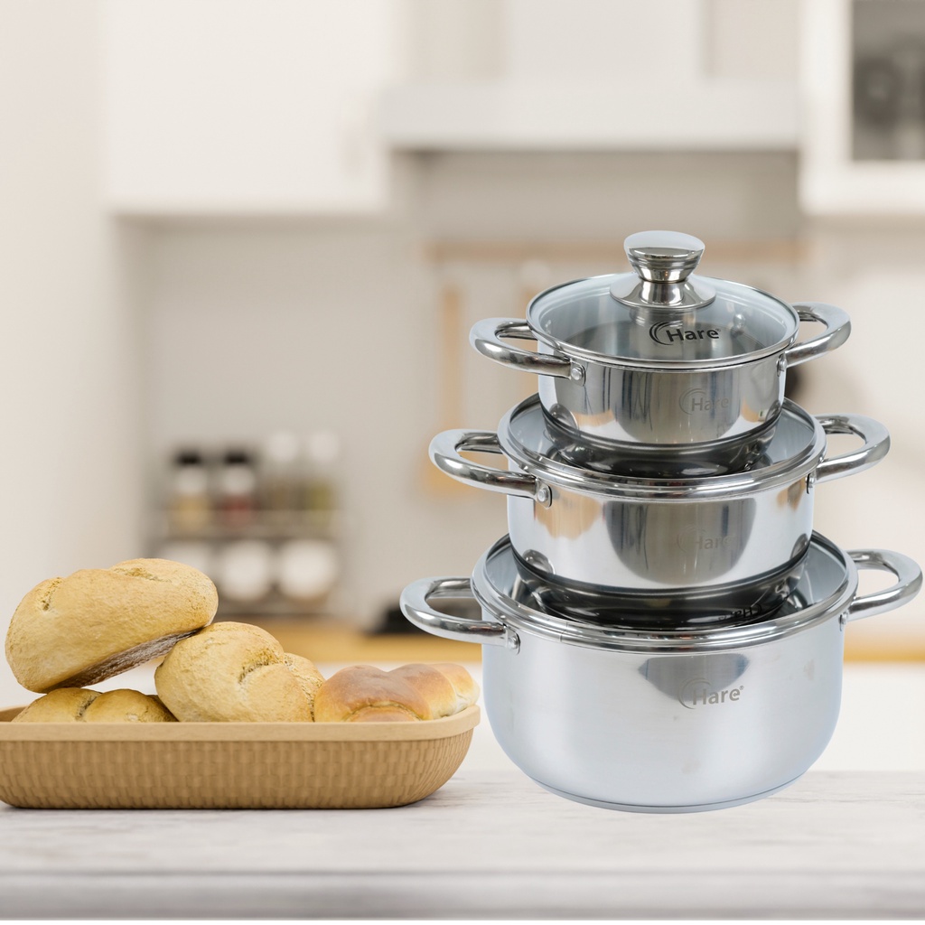 Bộ nồi inox đáy từ HR-S306 (16,20,24cm) - thương hiệu Hare - lỗi 1 đổi 1