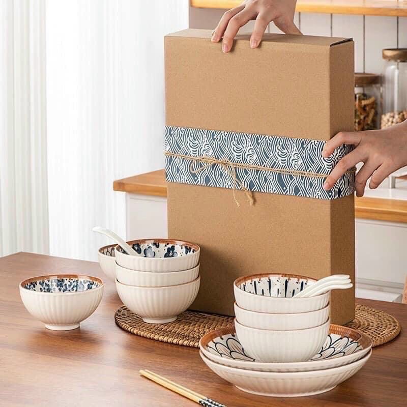 Bộ bát đĩa gốm sứ phong cách Nhật Bản họa tiết trang nhã 11 món kèm hộp - Bộ chén bát decor siêu xinh