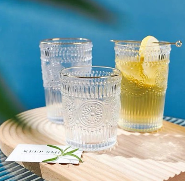 BỘ 6 CỐC THỦY TINH CHỊU NHIỆT CAO CẤP UỐNG NƯỚC HOA VĂN TRỐNG ĐỒNG DẬP NỔI - ANTH674