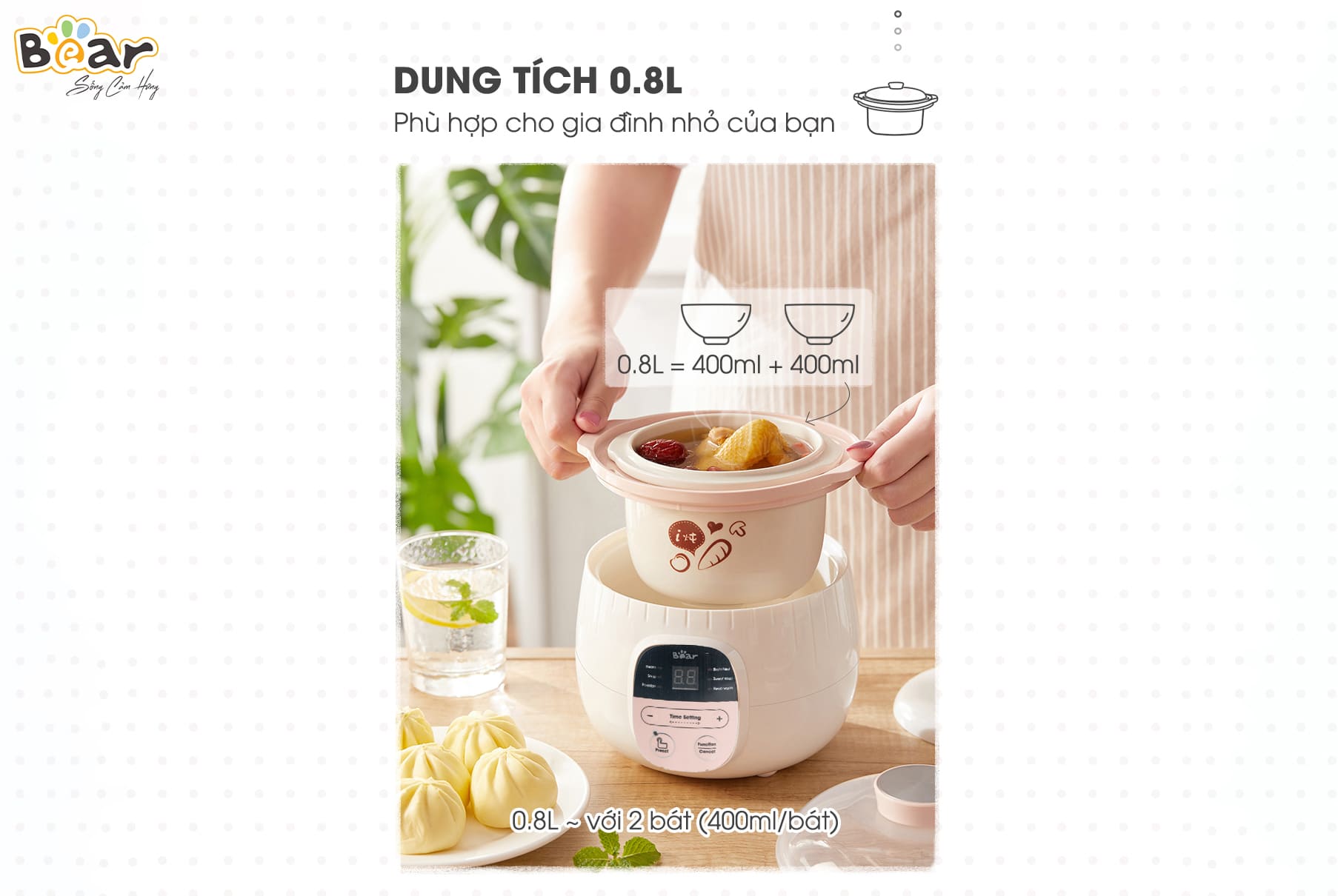 Nồi Ninh, Hấp, Nấu Cháo, Nấu Đồ Ăn Dặm Cho Bé 4 Trong 1 BEAR SUBE001 Có Lồng Hấp Dung Tích 0.8 L Công Suất 200W - Hàng Chính Hãng
