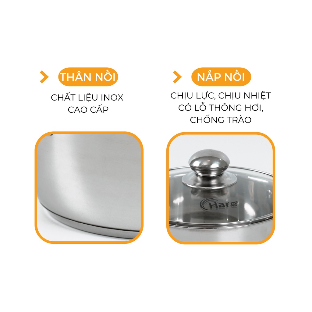 Bộ nồi inox đáy từ HR-S301 (16,20,24cm) - thương hiệu Hare - lỗi 1 đổi 1