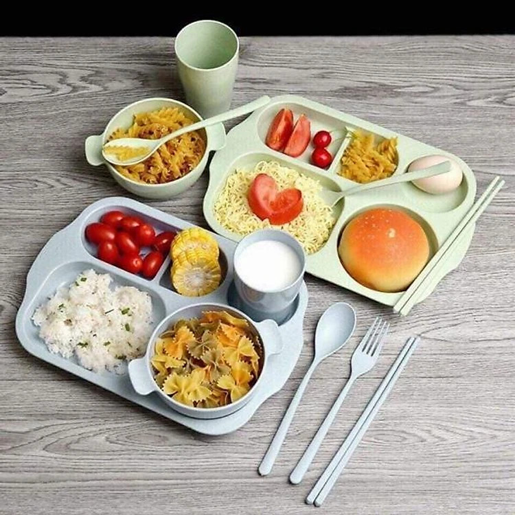Bộ khay đựng đồ ăn dặm 6 món (khay, ly, bát, thìa, nĩa, đũa) cho bé bằng lúa mạch dễ thương, tiện dụng , an toàn- Hàng chính hãng (màu giao ngẫu nhiên)
