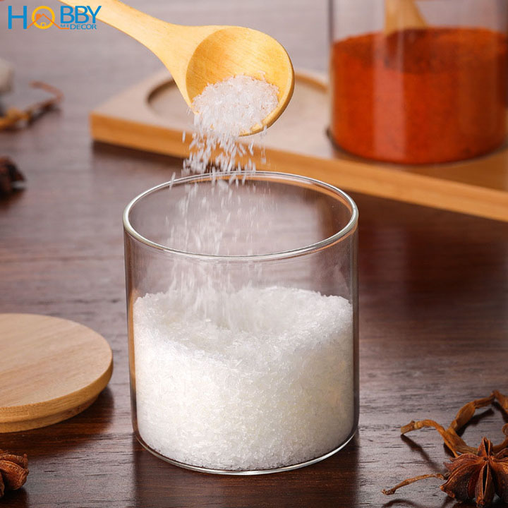 Bộ 3 hũ thủy tinh nắp gỗ đựng gia vị có nắp muỗng Hobby Home Decor VTD