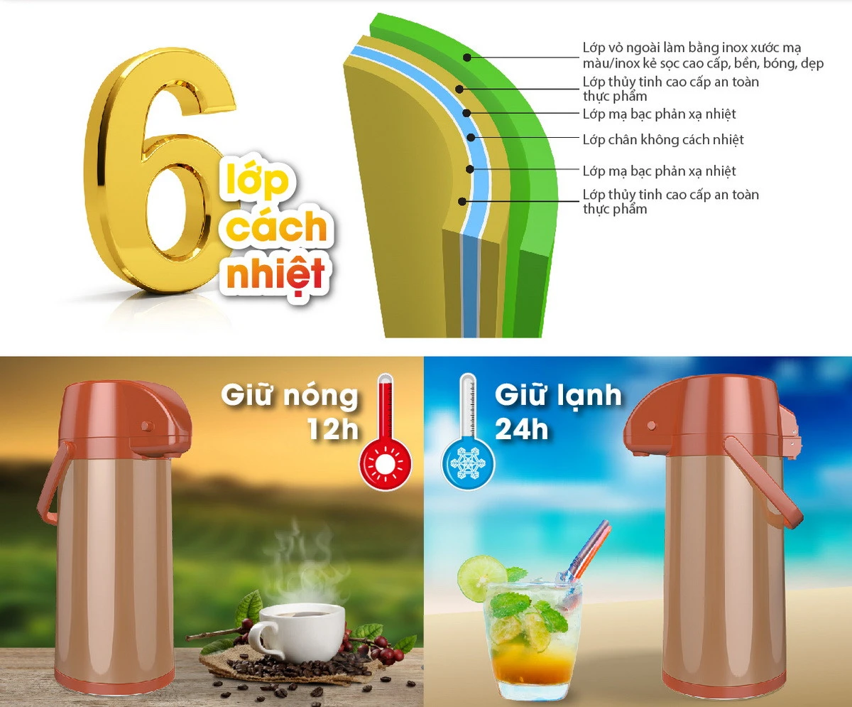 Phích đựng nước cao cấp Rạng Đông dạng nút ấn 2 lít RD-2045 ST2.E- Hàng chính hãng