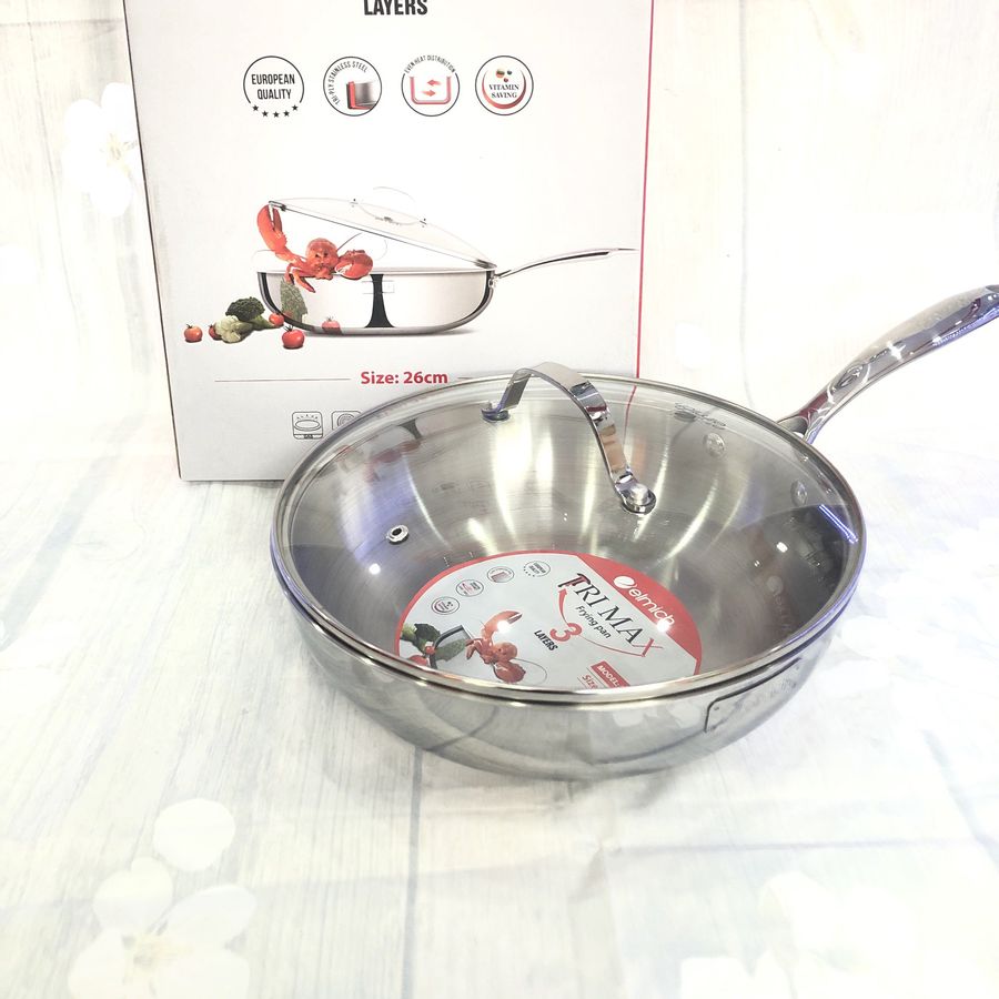 Chảo Xào Sâu Lòng 3 Lớp inox 304 Liền Đáy ELMICH TRI-MAX (EL-3796/26cm, EL-3845/24cm - Dùng Được Trên Mọi Loại Bếp) - Hàng Chính Hãng