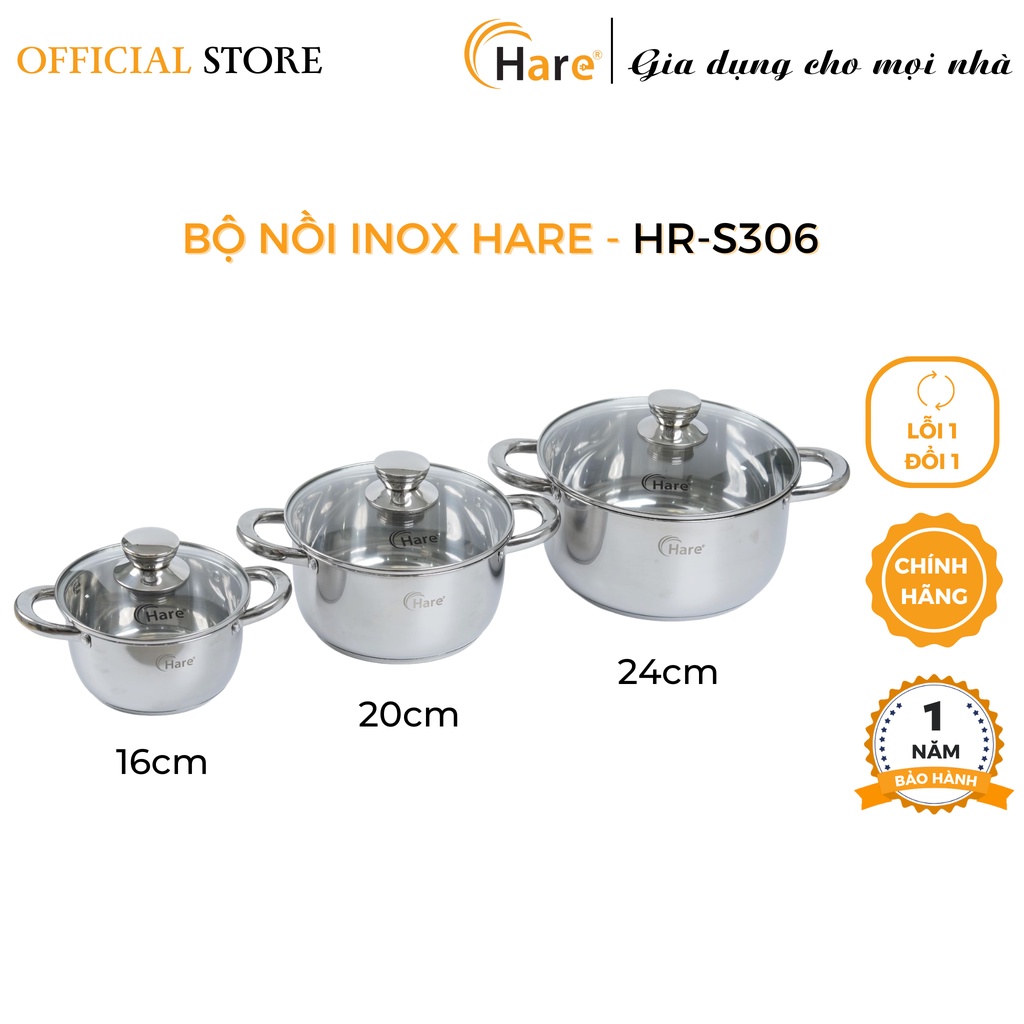 Bộ nồi inox đáy từ HR-S306 (16,20,24cm) - thương hiệu Hare - lỗi 1 đổi 1