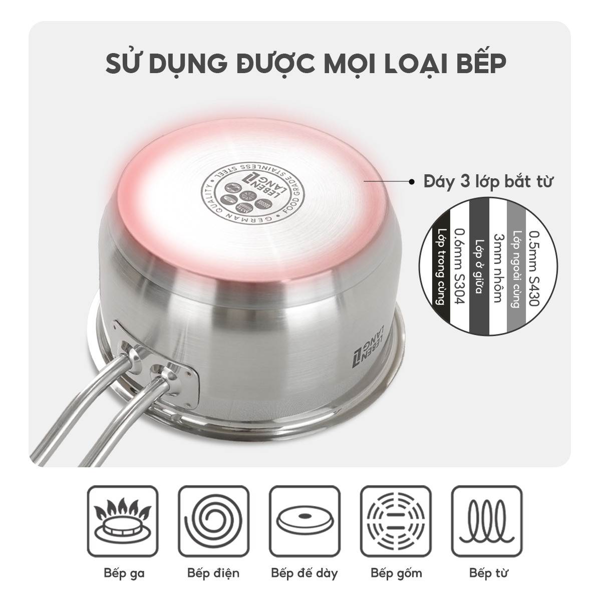 Quánh inox 304 vung kính đáy 3 lớp Lebenlang LBL2530, LBL2531, LBL2532, size 12,14,16, dùng các loại bếp - hàng chính hãng