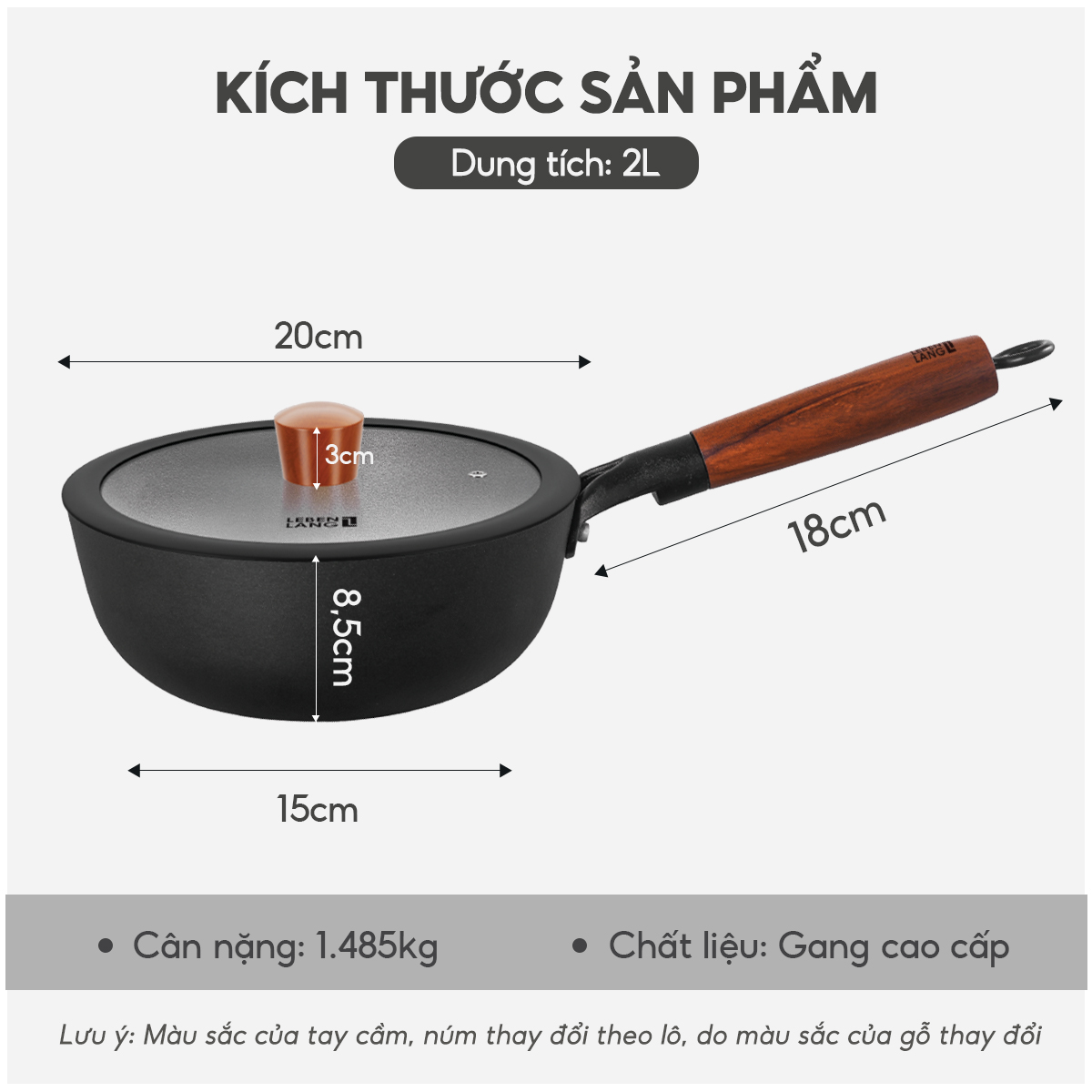 Nồi gang chống dính đa năng Lebenlang LBL2523, size 20, 2L, nắp kính tay cầm gỗ dùng mọi loại bếp - hàng chính hãng