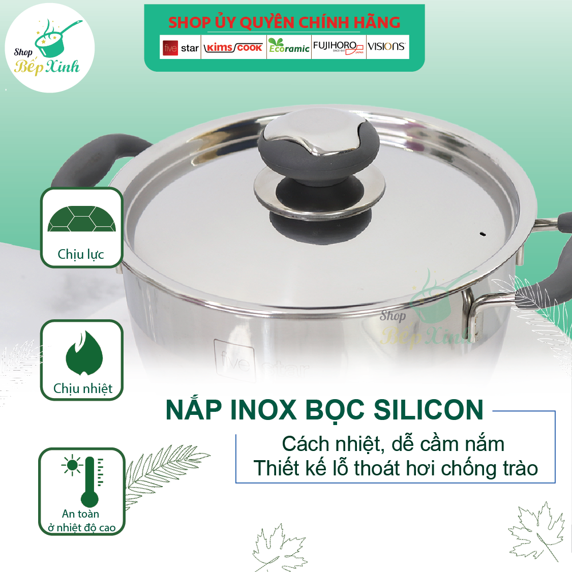 Nồi inox Fivestar Standard 3 đáy Thân Cool quai silicon chống nóng nắp inox (16cm / 20cm / 24cm / 26cm )