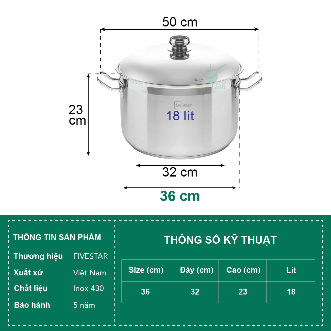 Nồi Inox 430 Bếp Từ 3 Đáy Nắp Inox Fivestar Tặng 5 Muỗng Ăn (36cm)