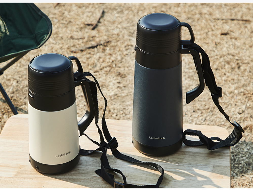 Bình giữ nhiệt Lock&Lock Easy Outdoor Vacuum Bottle màu trắng ngà LHC1485IVY 1,8L - Hàng chính hãng có quai xách, nắp dùng làm cốc nước - JoyMall