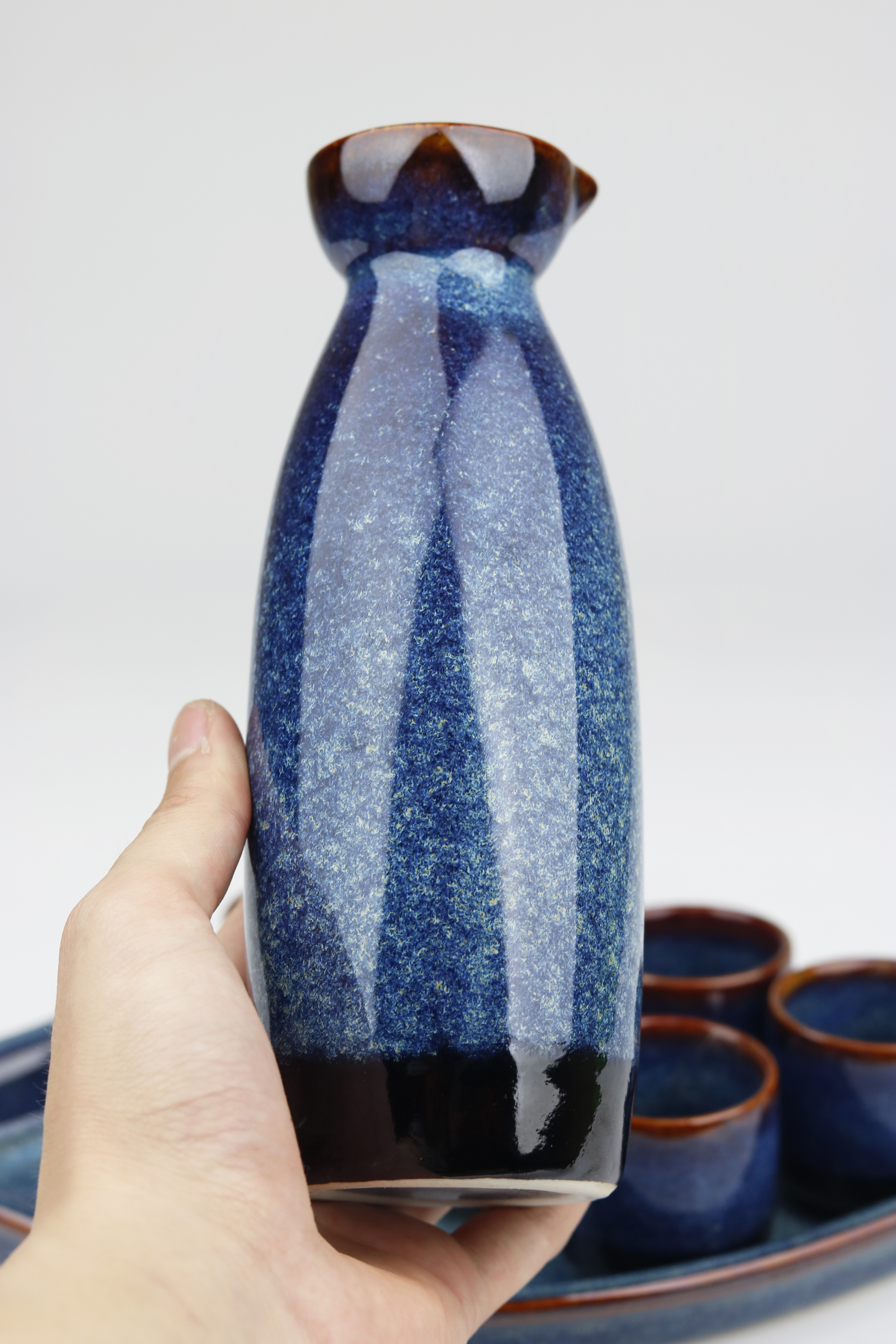 Bộ Sake gốm sứ men hỏa biến Bát Tràng cao cấp-300ml- Đĩa quạt