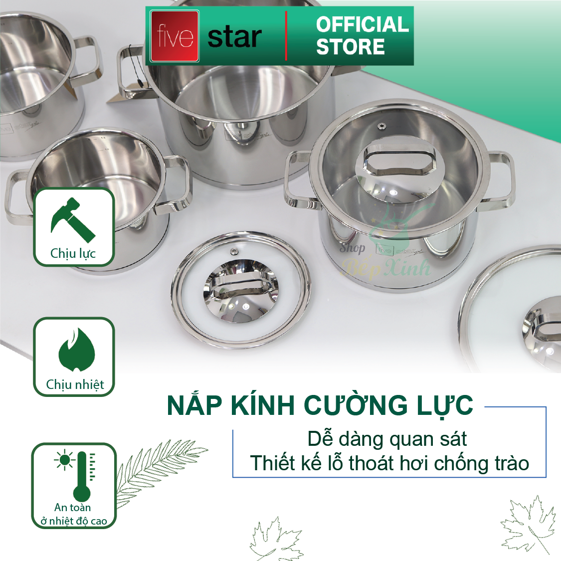 Combo Bộ nồi inox 304 và xửng hấp cao cấp Fivestar Plus 5 món nắp kính ( 1nồi 16cm x1nồi 18cm x1nồi 20cm x1nồi 24cm x 1thân xửng 24cm) , tặng 1 vá canh