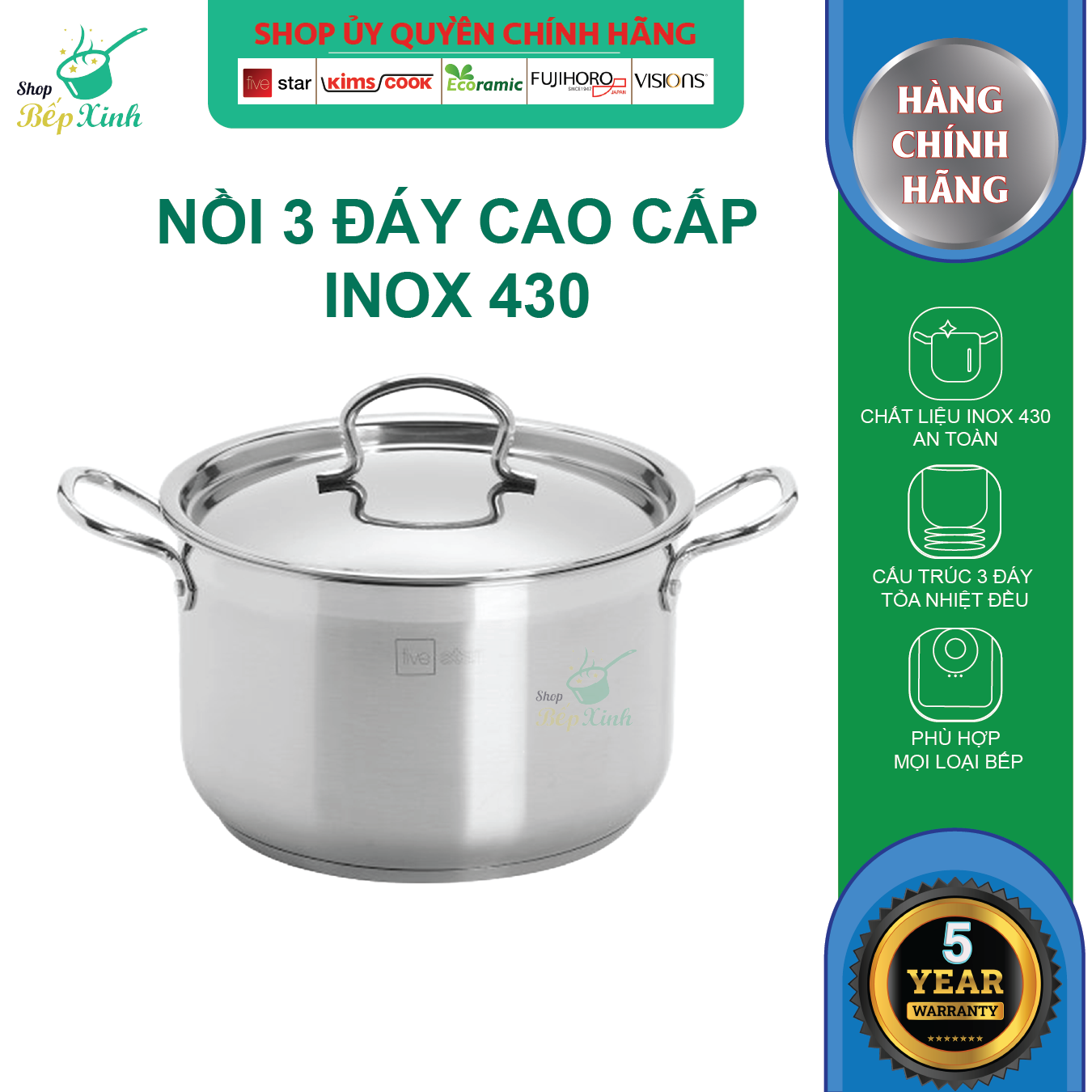 Nồi inox Fivestar 3 đáy nắp inox tặng 5 muỗng inox ( 30cm ) , dùng được bếp từ , hồng ngoại , gas