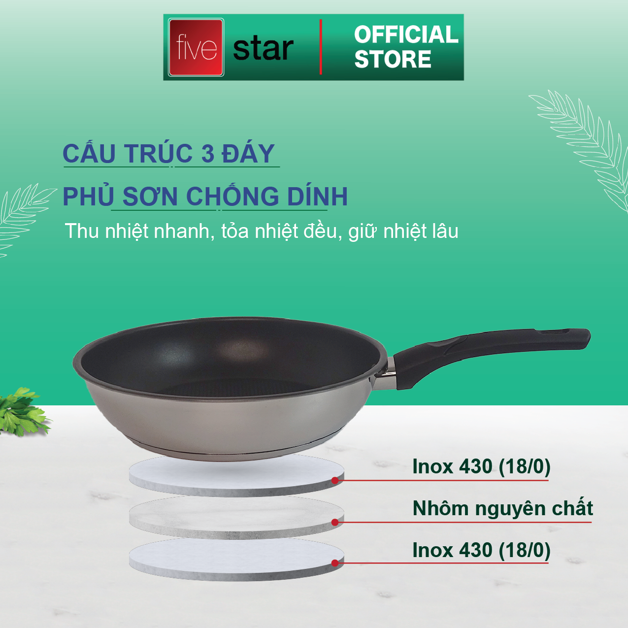 Bộ nồi inox và chảo chống dính Fivestar Standard chống nóng nắp inox 3 đáy từ tặng 2 vá canh (1 nồi 16cmx 1 nồi 20cm và 1 chảo 22cm )