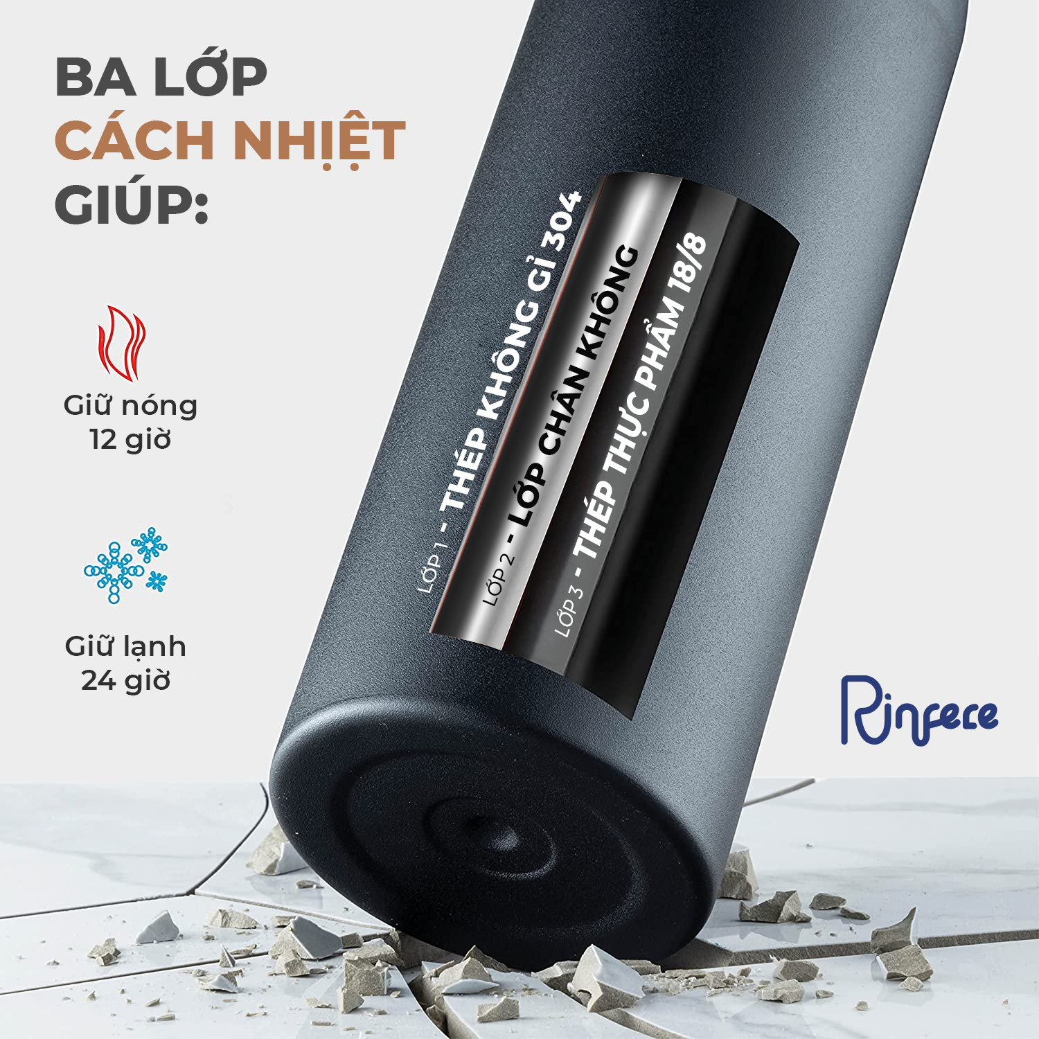 Bình Giữ Nhiệt Rinfere Với Combo 2 Nắp, Dụng Cụ Vệ Sinh Ống Hút (950ml) - Khắc Tên Theo Yêu Cầu