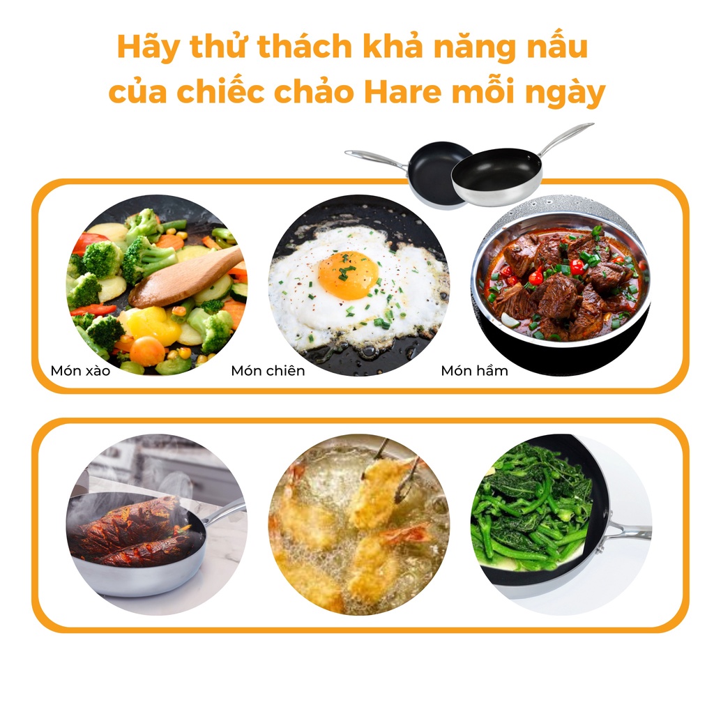 Chảo chống dính Inox có từ 3 kích thước 24 26 28cm - thương hiệu Hare - lỗi 1 đổi 1
