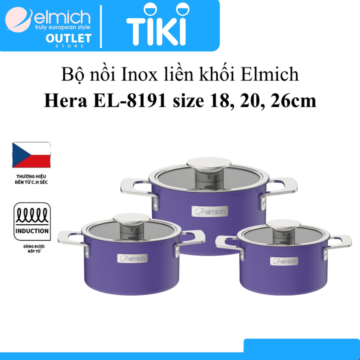 Bộ 3 Nồi Inox Liền Khối Elmich Hera size 18, 20, 26cm 3 Màu Xanh,Tím,Vàng