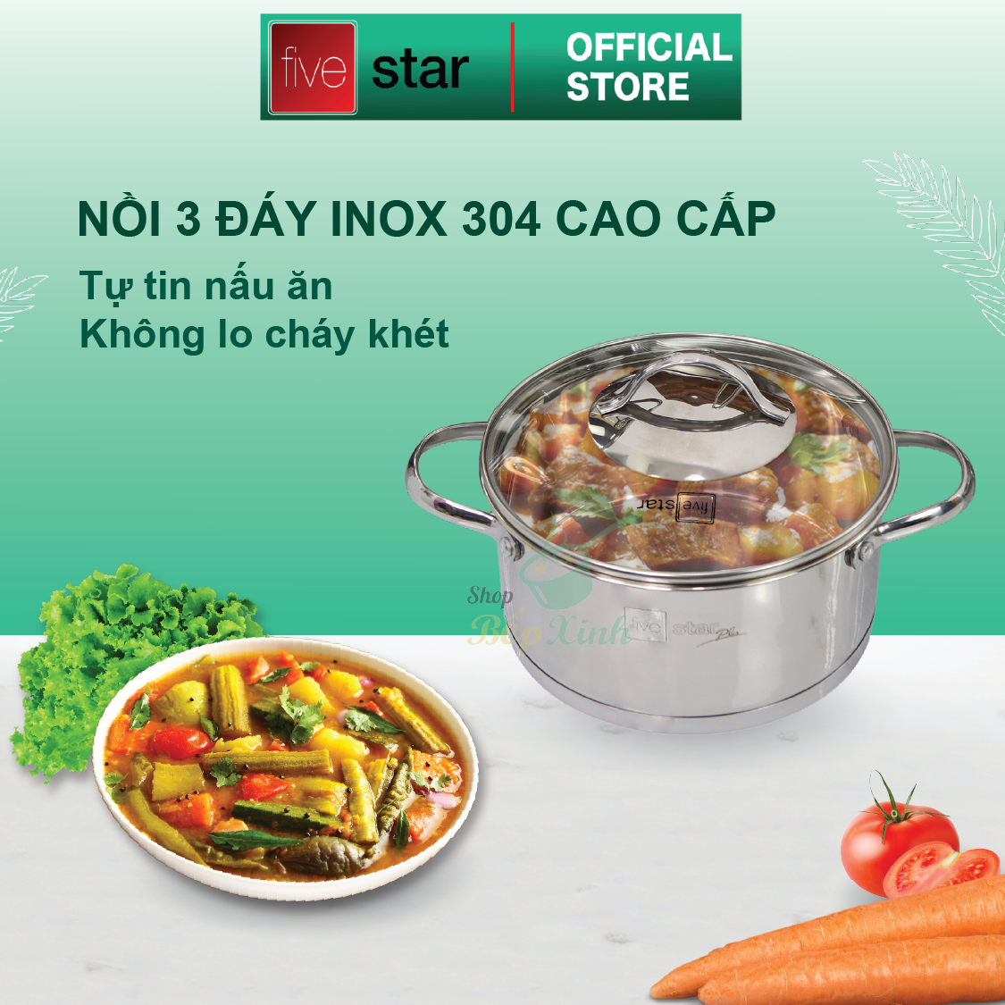 Bộ nồi xửng chảo chống dính cao cấp Fivestar 7 món 3 đáy từ , nắp kính ( tặng bộ sạn dừa 4 món )