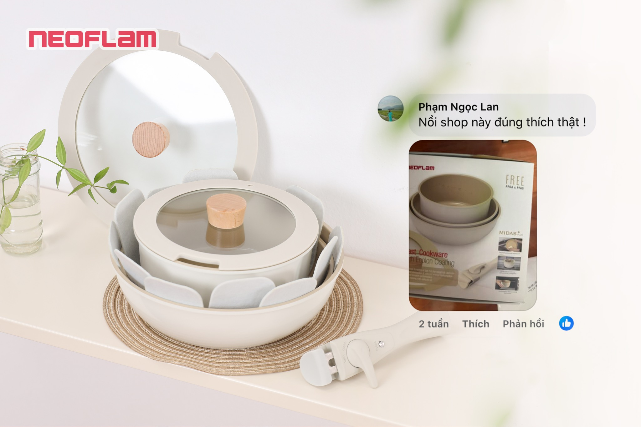 Bộ 3 nồi chảo cán rời Neoflam Hàn Quốc.Bao gồm, nồi 20cm, chảo chiên 24cm, chảo xào đa năng 26cm.