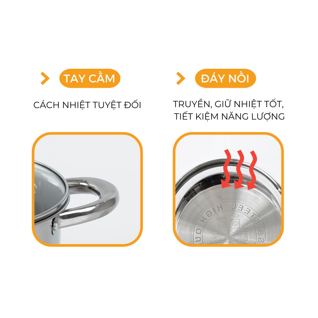 Bộ nồi inox đáy từ HR-S301 (16,20,24cm) - thương hiệu Hare - lỗi 1 đổi 1
