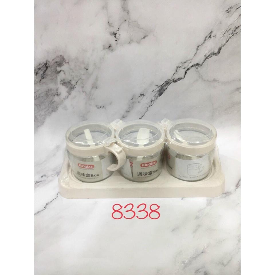 Bộ 3 hũ đựng gia vị thủy tinh Kinglxs cao cấp có khay ( giao ngẫu nhiên )