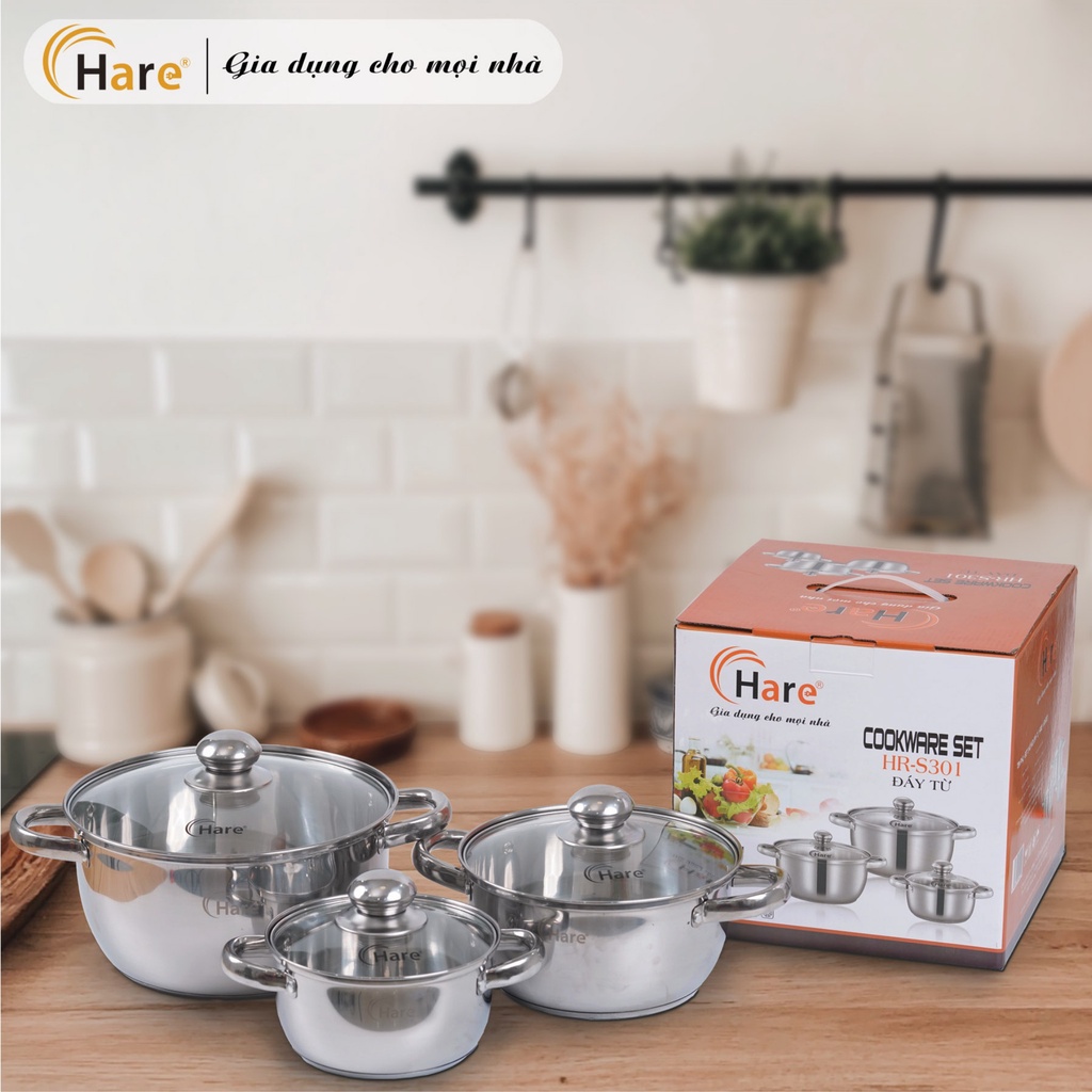 Bộ nồi inox đáy từ HR-S301 (16,20,24cm) - thương hiệu Hare - lỗi 1 đổi 1