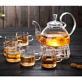 Bộ ấm pha trà thủy tinh tay vồng kèm khay, đế nến, 6 đĩa lót tách