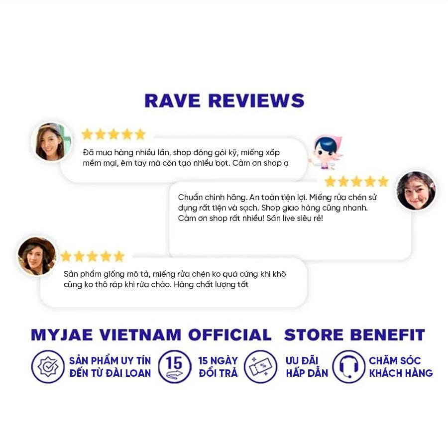 Miếng rửa chén bột gỗ MyJae dễ dàng đánh bay dầu mỡ (3 miếng/gói)