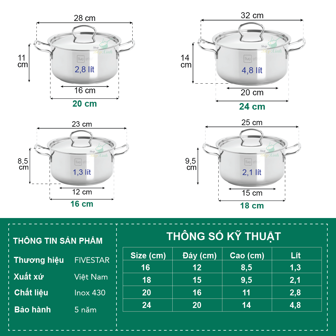 Nồi inox 3 đáy sandwich FiveStar Standard nắp inox ( 16cm/18cm/ 20cm/24cm ),tặng 1 muỗng canh, dùng được mọi bếp