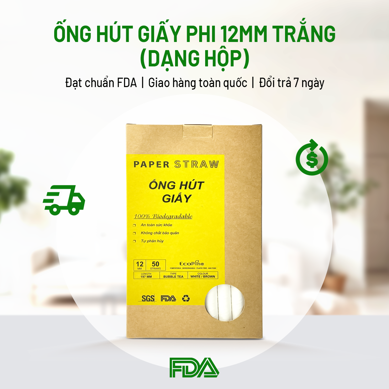 Hộp 50 ống hút giấy phi 12mm trắng ECOPINE - Dùng cho hút trân châu, sinh tố, smoothie