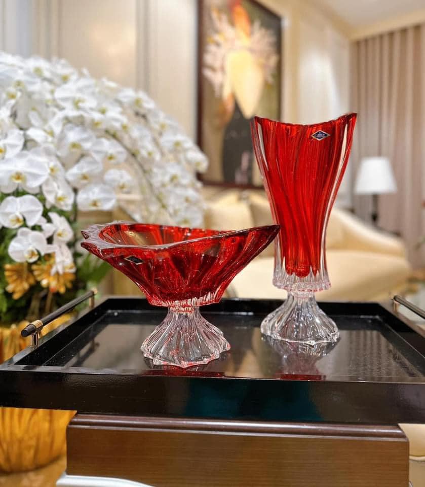 Tô pha lê chân đế Bohemia Plantica, miệng 32cm Hàng chính hãng