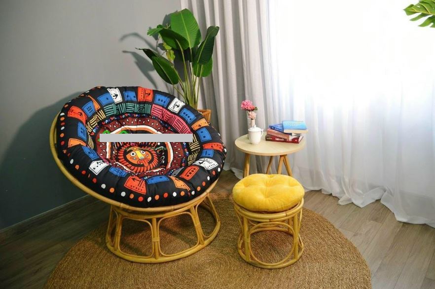 Ghế mặt trăng Papasan mây thật cao cấp Juno Sofa size 1m, Nệm hoa văn Indochine