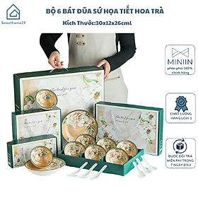 Bộ 6 Bát Đũa Sứ Ăn Cơm Họa Tiết Hoa Trà Kèm Hộp Tặng Quà, Mang Đi Biếu Gia Đình và Bạn Bè - HÀNG CHÍNH HÃNG MINIIN