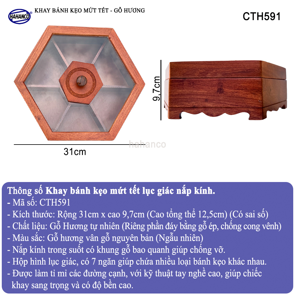 Khay Đựng Mứt Tết Bằng Gỗ Hương Nắp Kính Lục Giác Trong Suốt Sang Trọng - CTH591
