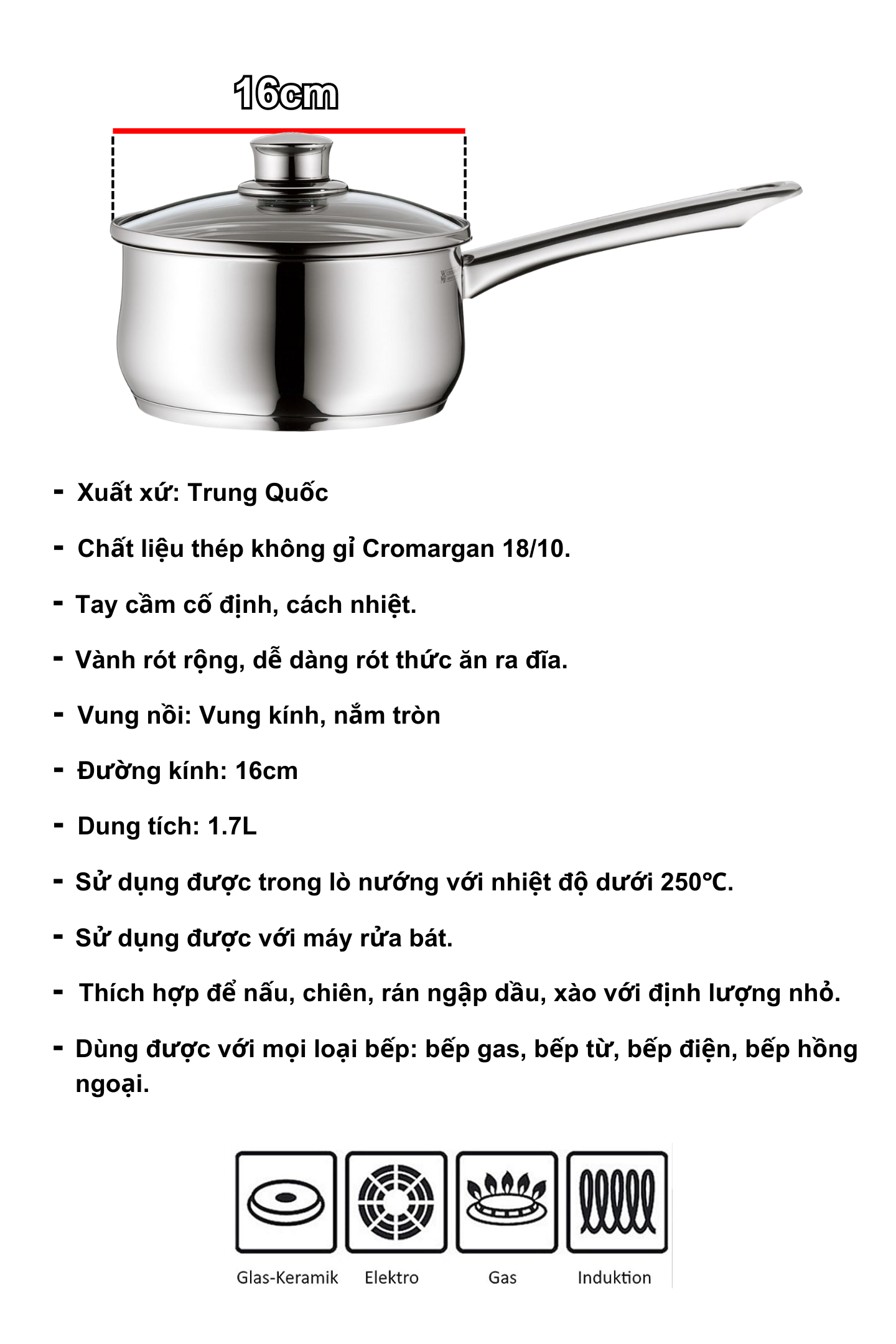 Quánh WMF DIADEM PLUS SAUCEPAN 16CM WITH LID 1,7L Đáy Từ 3 Lớp Nguyên Khối Có Nắp Dùng Cho Mọi Loại Bếp - 0739176040