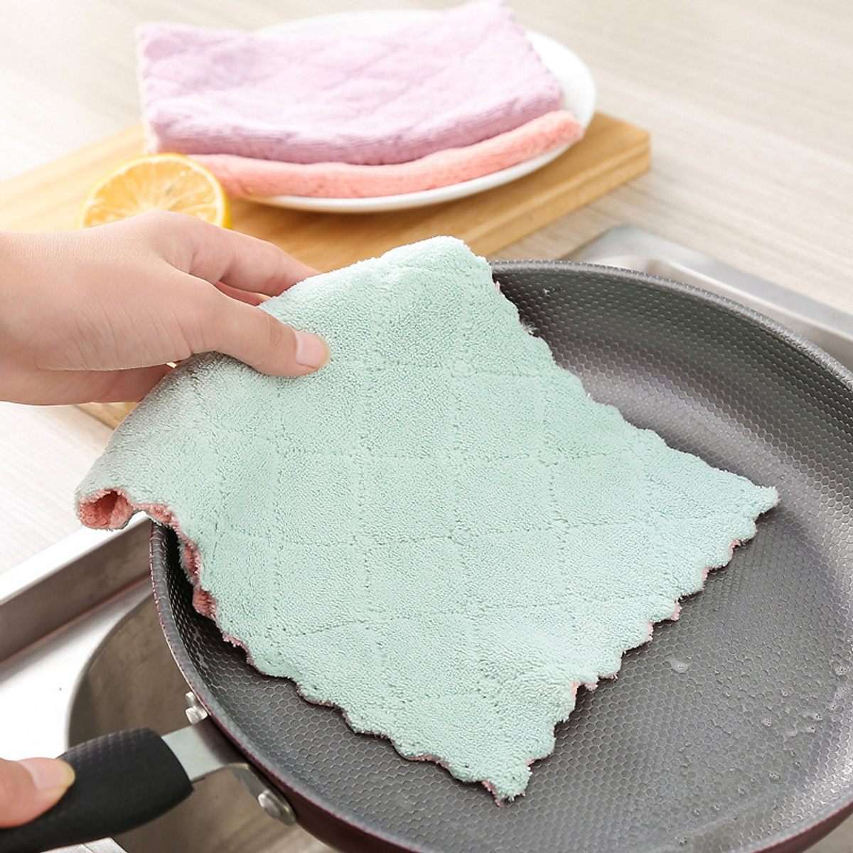 Bộ 10 khăn lau 2 mặt siêu thấm- Khăn lau không phai màu không rụng sợi- nhanh khô- Khăn lau bếp, khăn lau kính, lau Xe, bàn làm việc