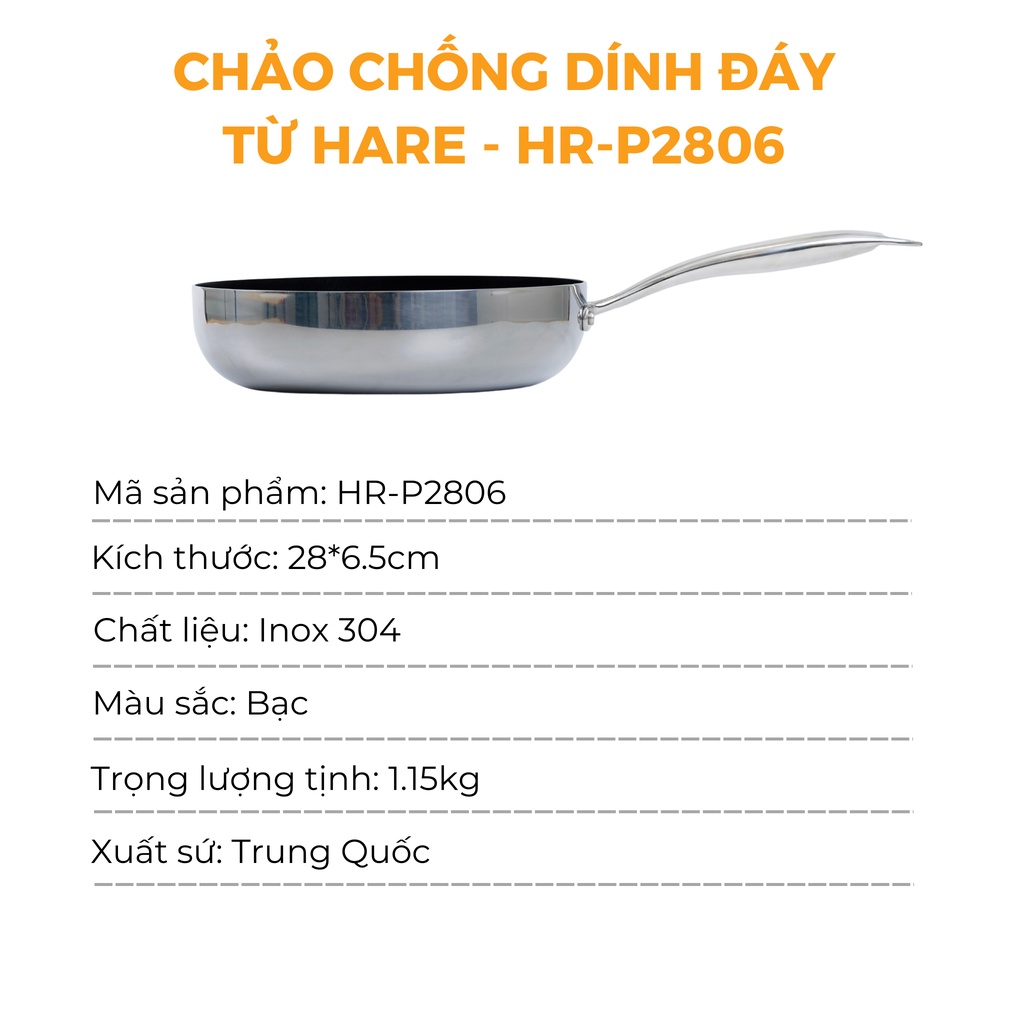 Chảo chống dính Inox có từ 3 kích thước 24 26 28cm - thương hiệu Hare - lỗi 1 đổi 1
