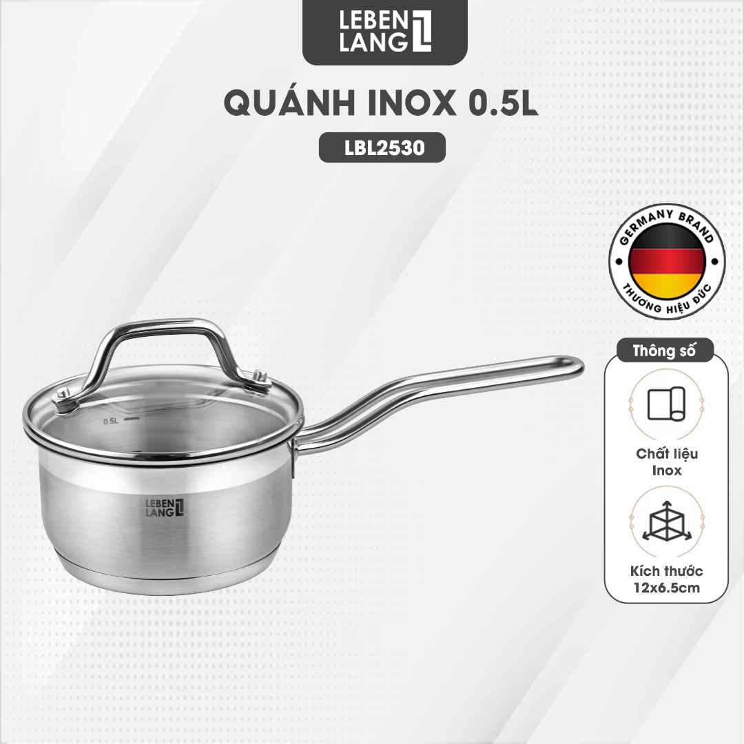 Quánh inox 304 vung kính đáy 3 lớp Lebenlang LBL2530, LBL2531, LBL2532, size 12,14,16, dùng các loại bếp - hàng chính hãng