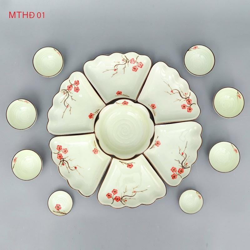Bộ bát đĩa hoa mặt trời 15 món, men kem. Gốm sứ Bát Tràng.