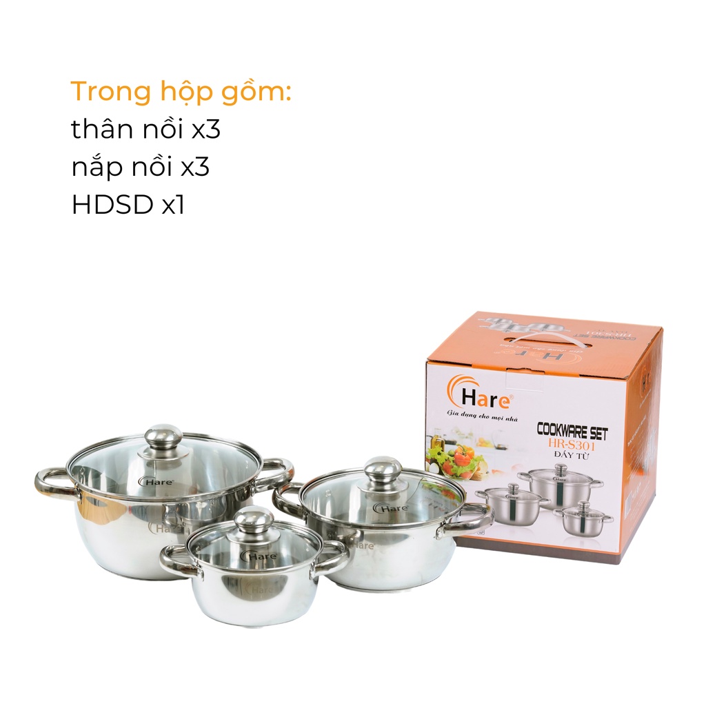 Bộ nồi inox đáy từ HR-S301 (16,20,24cm) - thương hiệu Hare - lỗi 1 đổi 1