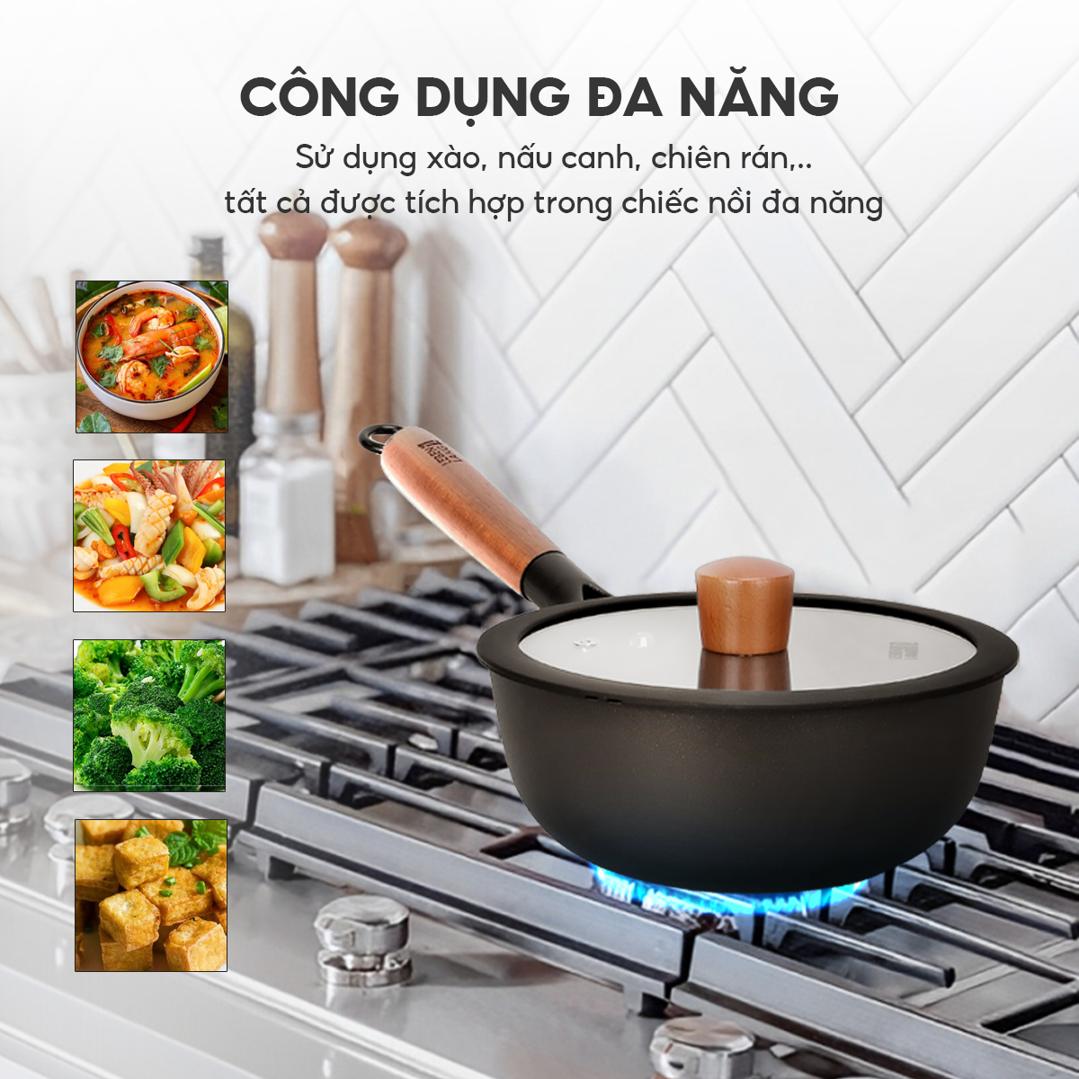 Nồi gang chống dính đa năng Lebenlang LBL2523, size 20, 2L, nắp kính tay cầm gỗ dùng mọi loại bếp - hàng chính hãng